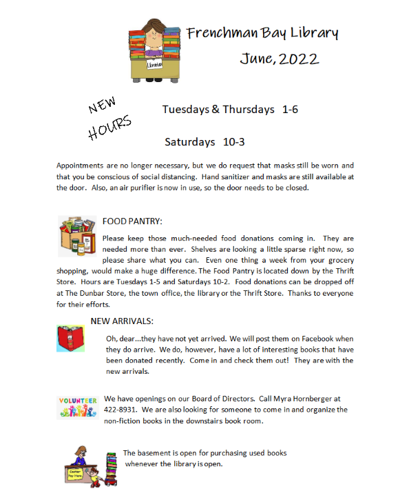 Frenchman Bay Library June 2022 newsletter graphic